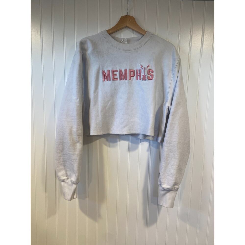 Memphis Champion Reverse Weave Hoodie Women's Medium Cropped Pink Embroidered